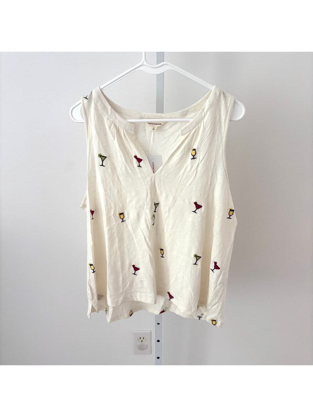Lucky Brand NWT Women's Embroidered Martini Glass Off-White Tank Top Size L